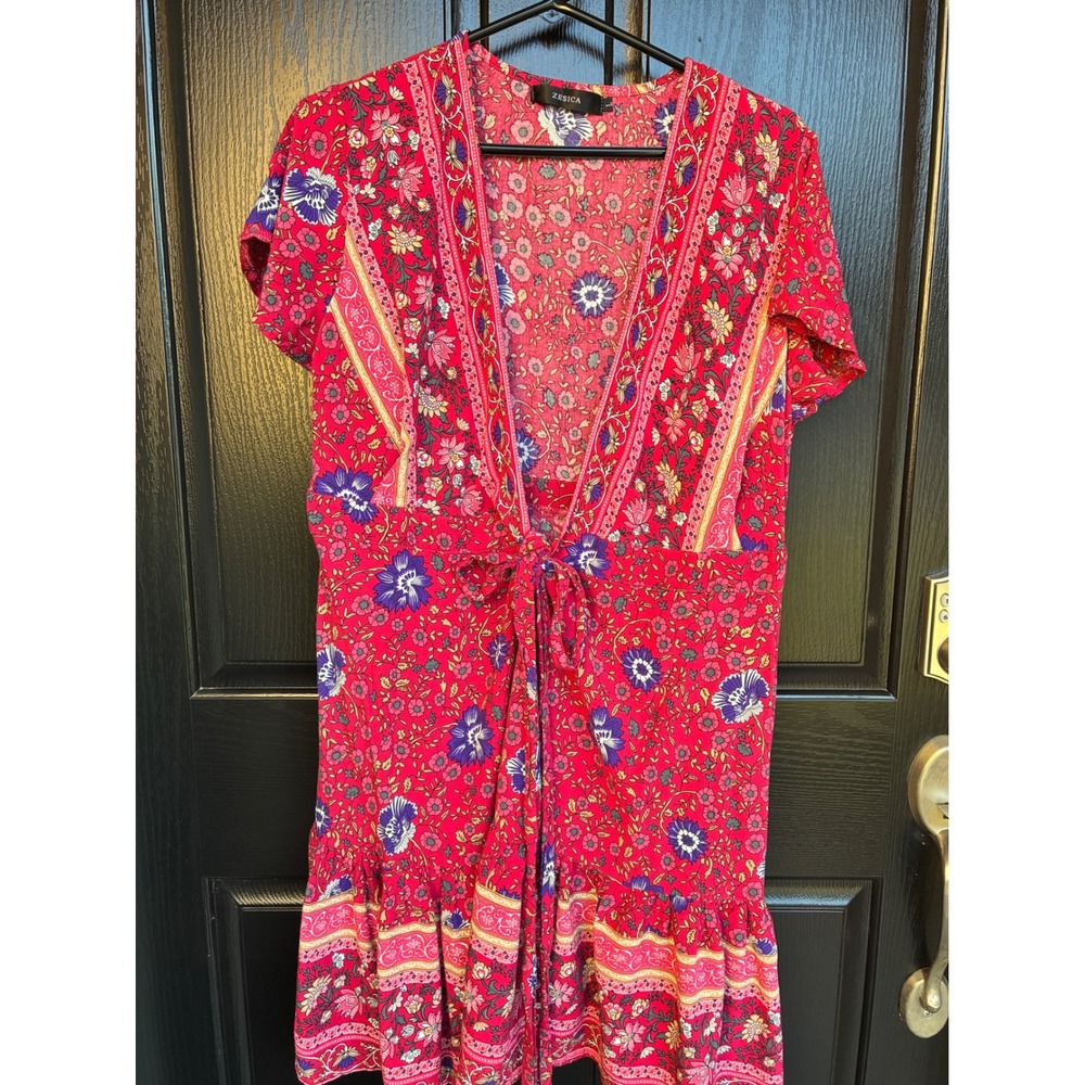 Zesica Pink Floral Boho Mini Dress V-Neck Tie Front Short Sleeve Tiered Size L